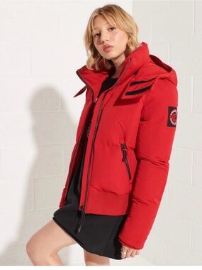 Superdry Red Hooded Puffer Jacket with Patch Sleeve